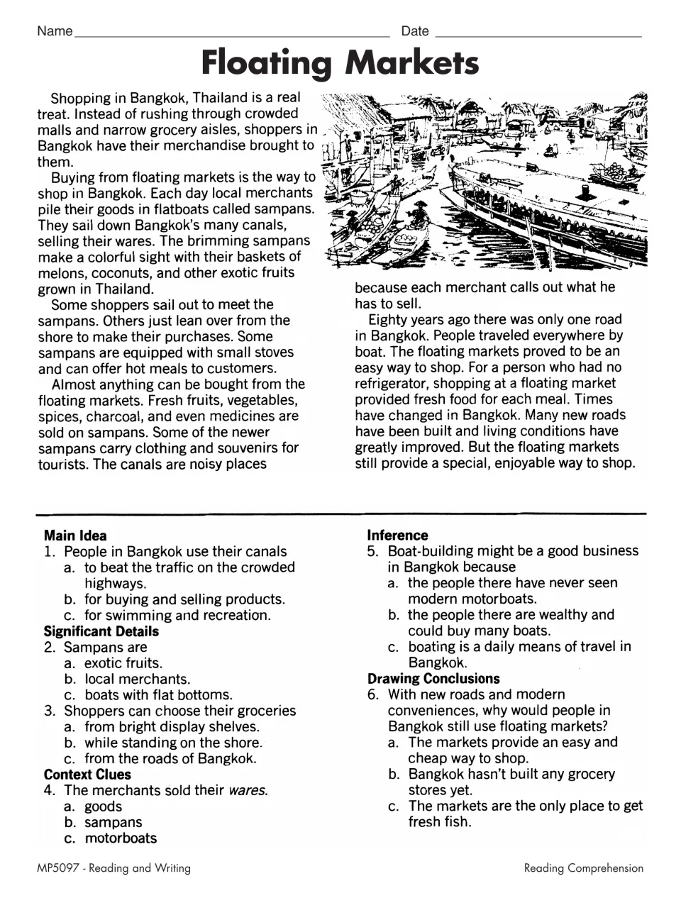 Floating Markets: students read about Bangkok's sampan markets, then answer main idea, context clue and inference questions