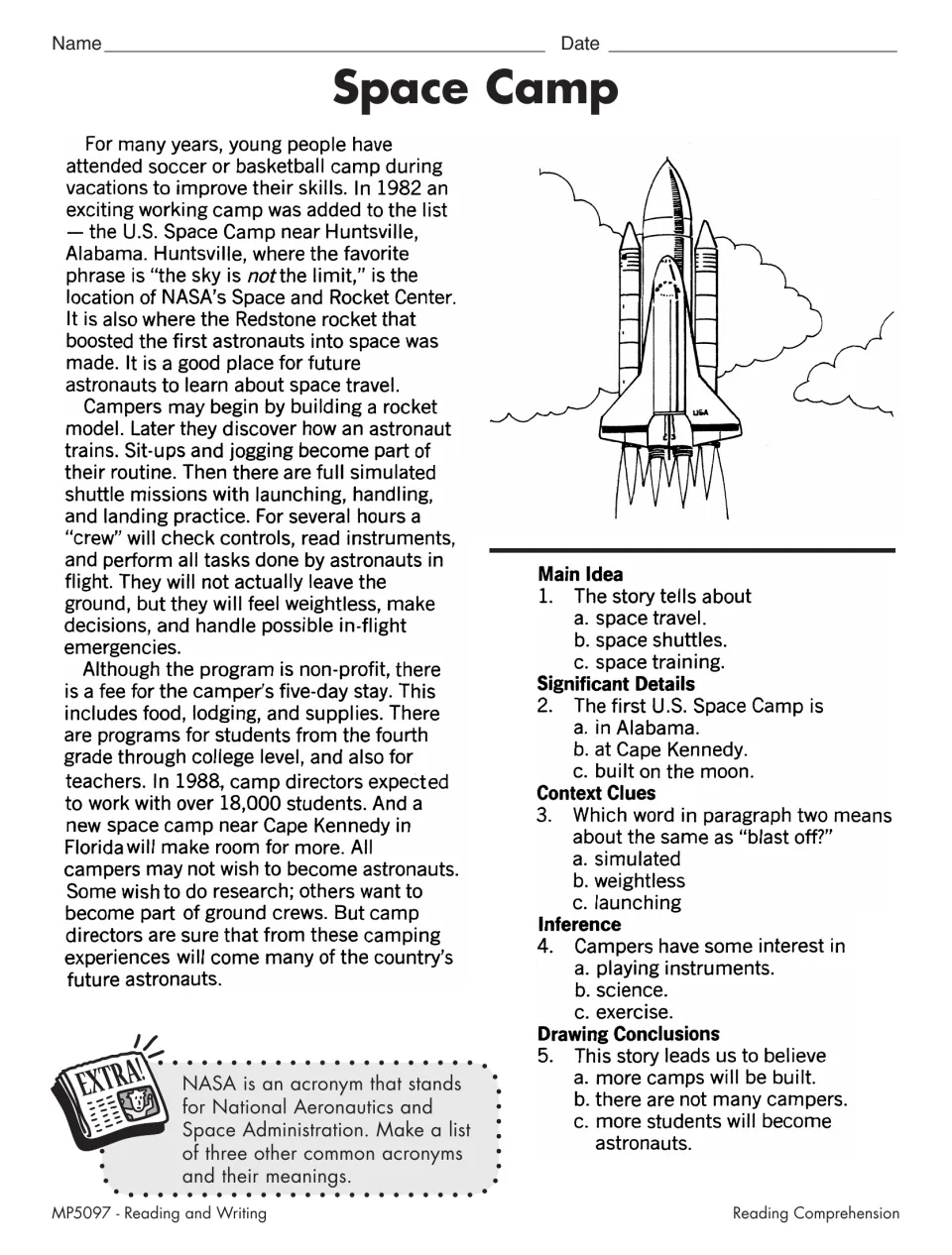 Space Camp: students read about astronaut training in Alabama, find the main idea and list three acronyms with meanings