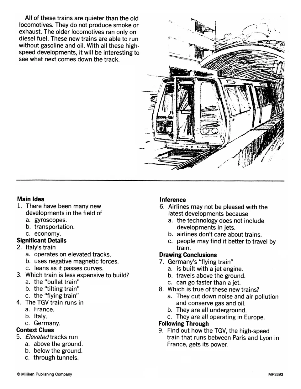 High-speed trains, part 2: passage ends, then students answer nine questions from main idea to a TGV research task