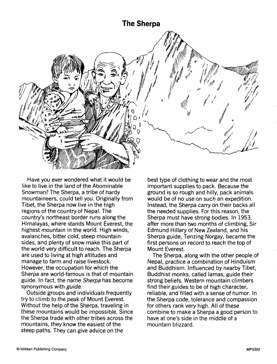 The Sherpa: reading passage about the Nepalese mountain guides of the Himalayas and the 1953 climb of Mount Everest