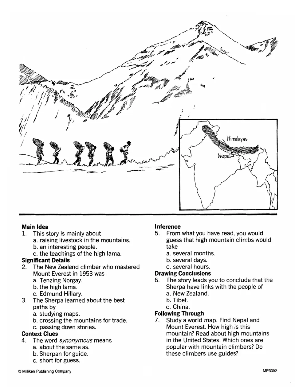 Sherpa questions: students answer main idea, context clue and inference items, then locate Nepal and Mount Everest on a map