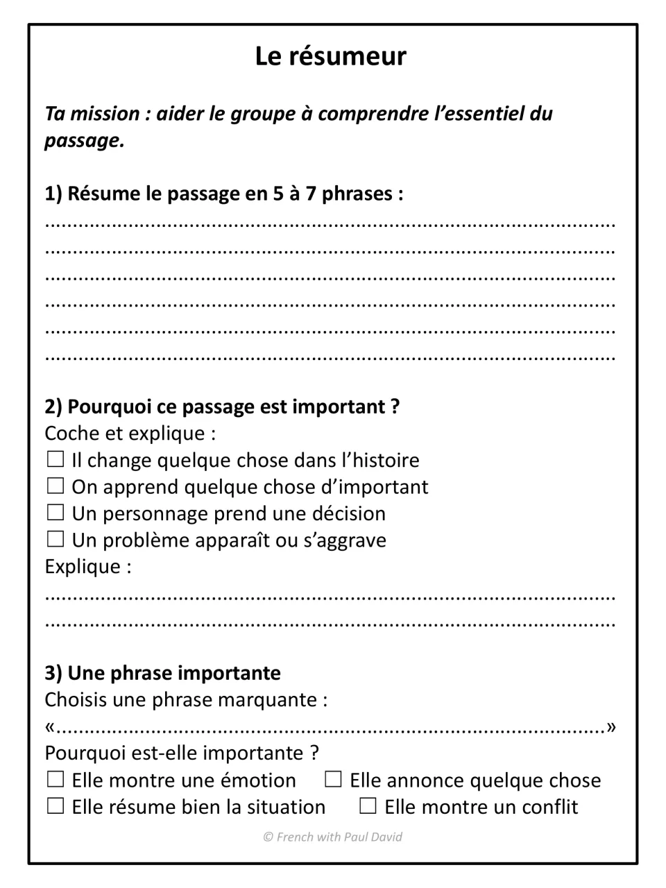 Le résumeur role sheet: students summarize a passage in 5 to 7 sentences, explain its importance and pick a key quote