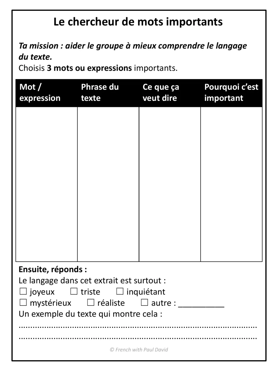 Le chercheur de mots importants: students log 3 key words with source sentence and meaning, then judge the text's tone
