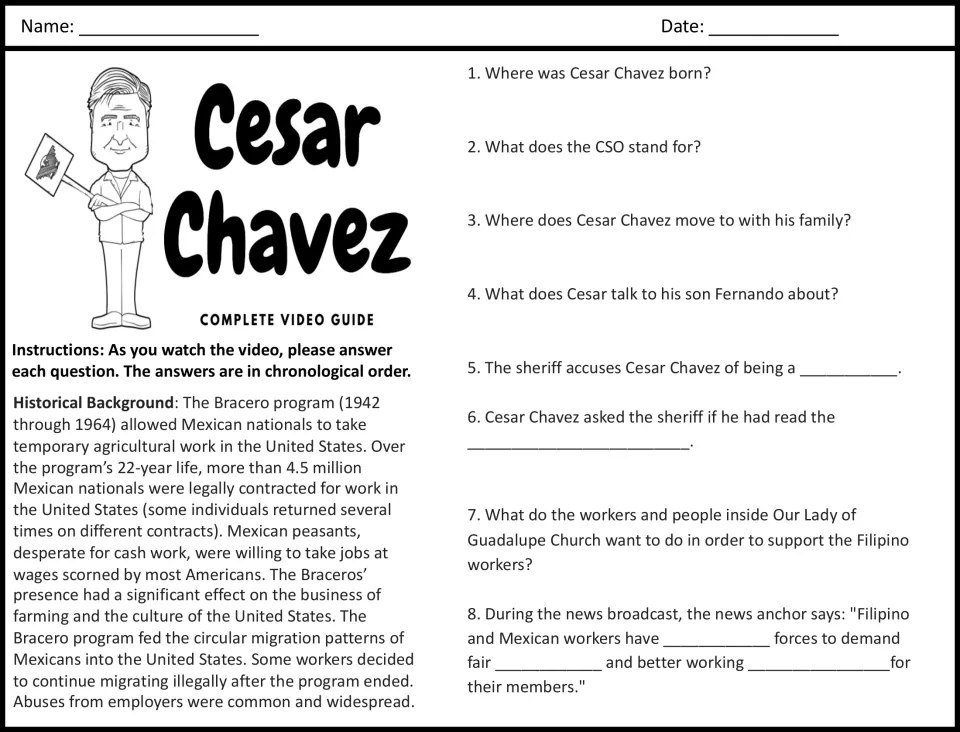 Movie guide questions 1–8 on Chavez's birthplace, the CSO, his family, and support for Filipino workers