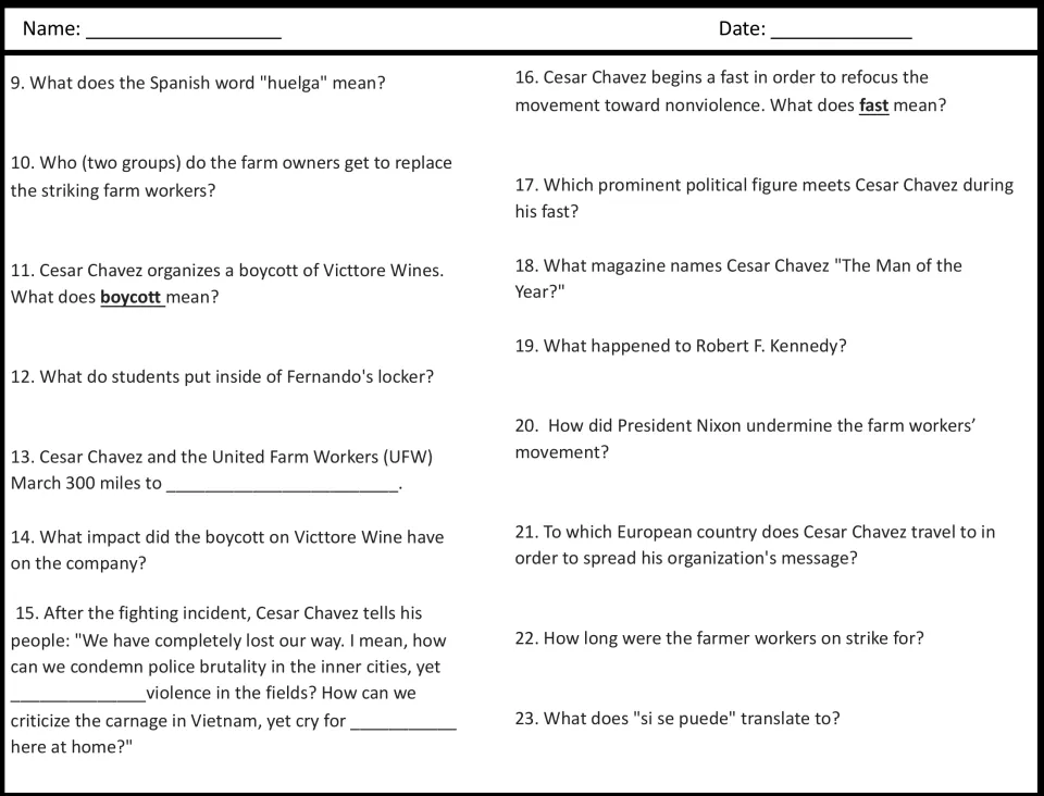 Movie guide questions 9–23 on strikes, boycotts, Chavez's fast, Robert F. Kennedy, and the workers' movement