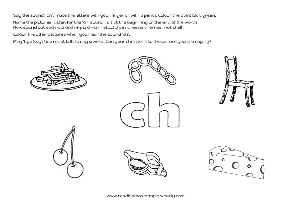 ch sound introduction: students trace ch, name chips, chain, chair, cherries and cheese, and colour pictures with ch