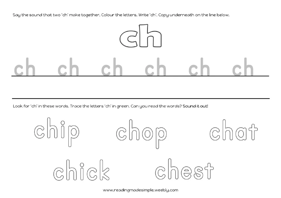 Writing the ch digraph: students trace a row of ch, copy it on a line, then trace ch in chip, chop, chat, chick and chest