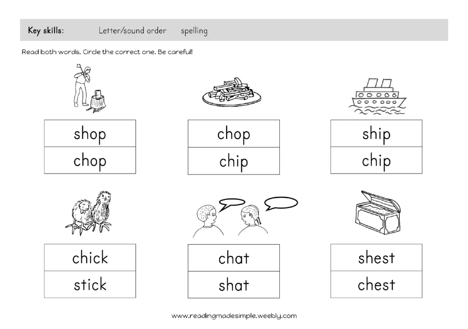 ch or sh spelling choice: students read two words under each picture and circle the right one, such as chop or shop