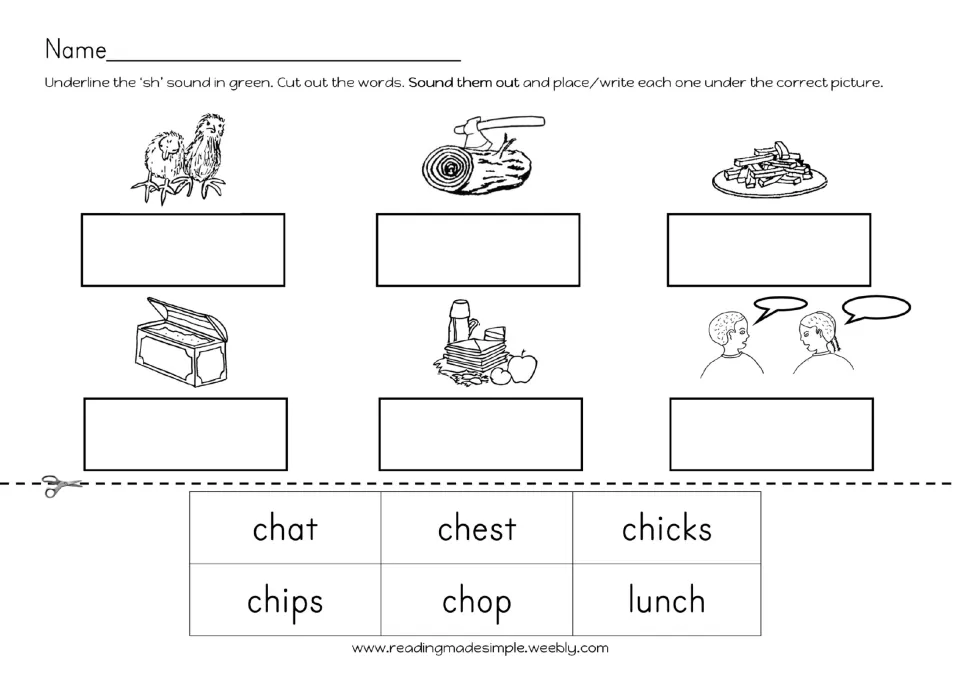 ch word matching: students cut out chat, chest, chicks, chips, chop and lunch and place each one under its picture
