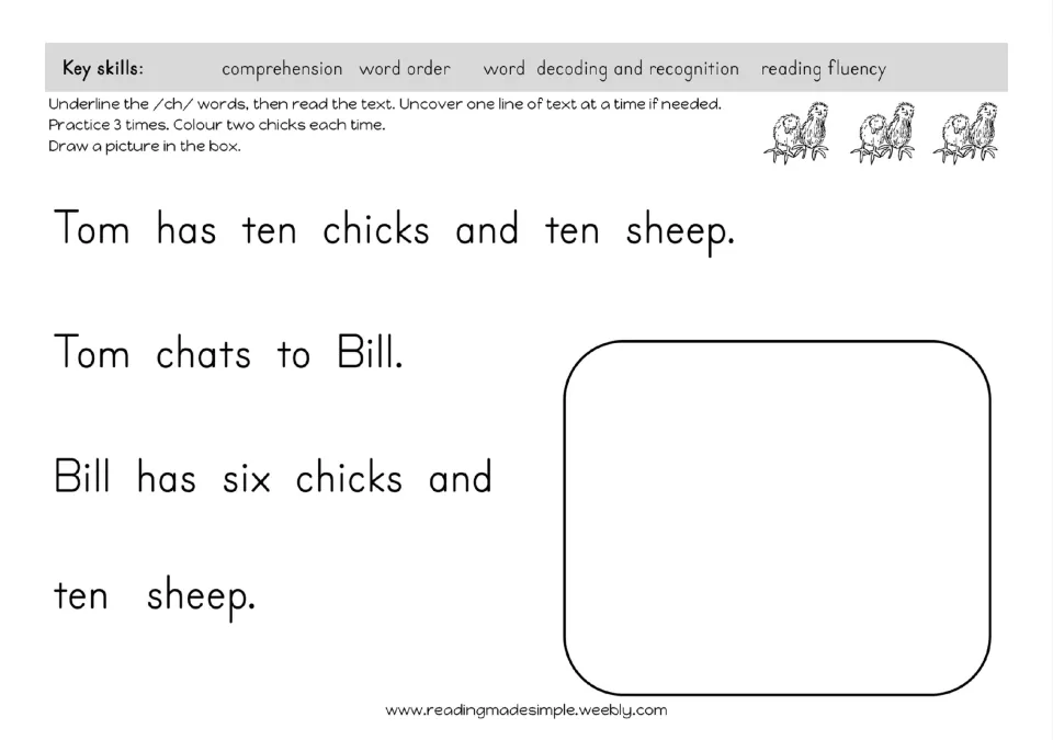 ch decodable reading about Tom and Bill's chicks: students underline ch words, read the text 3 times and draw a picture