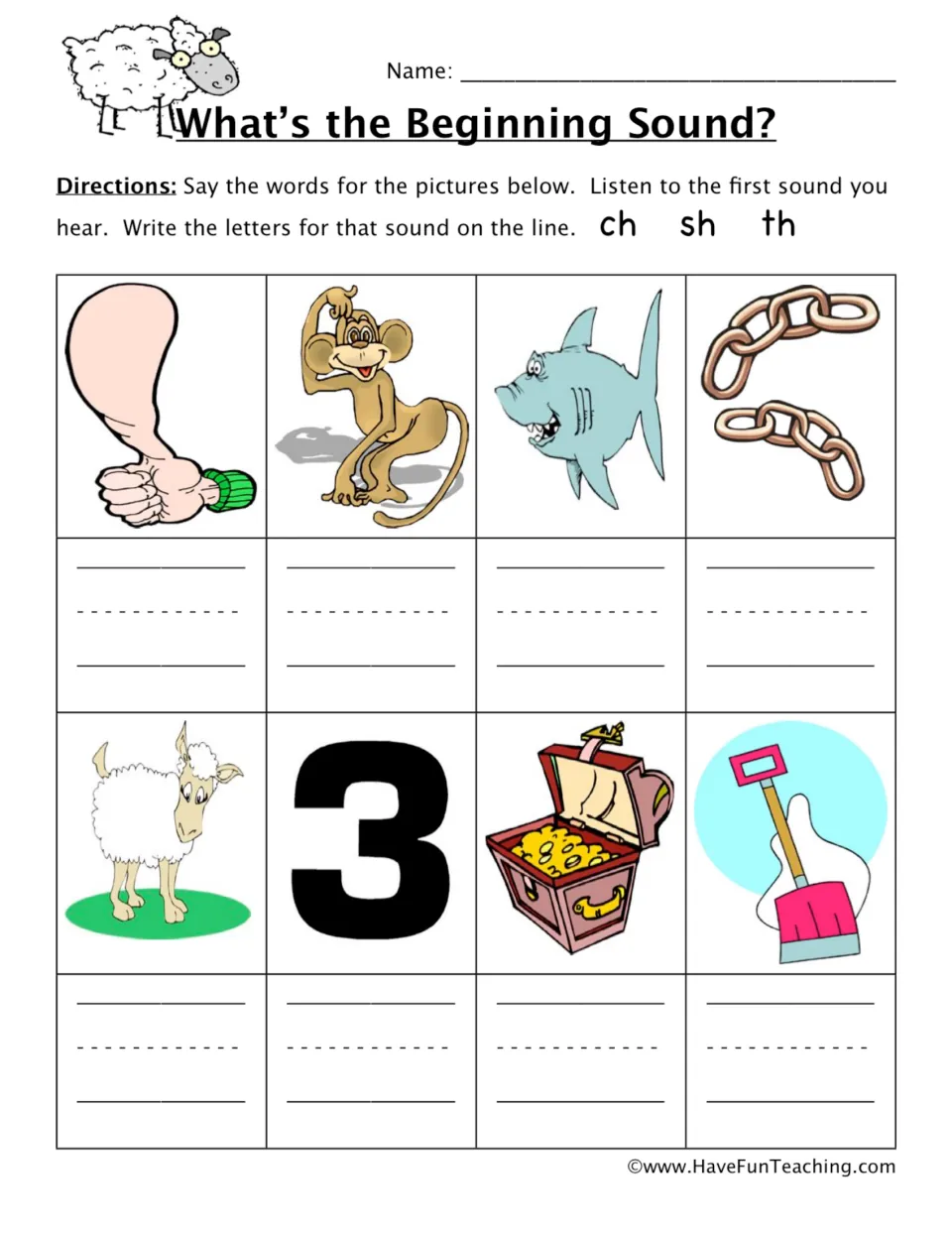 What's the Beginning Sound?: students name 8 pictures, such as a shark, chain and sheep, and write ch, sh or th for each