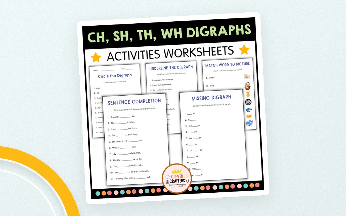 CH, SH, TH, WH Digraphs – 6 Phonics Worksheets preview: Circle-the-digraph worksheet