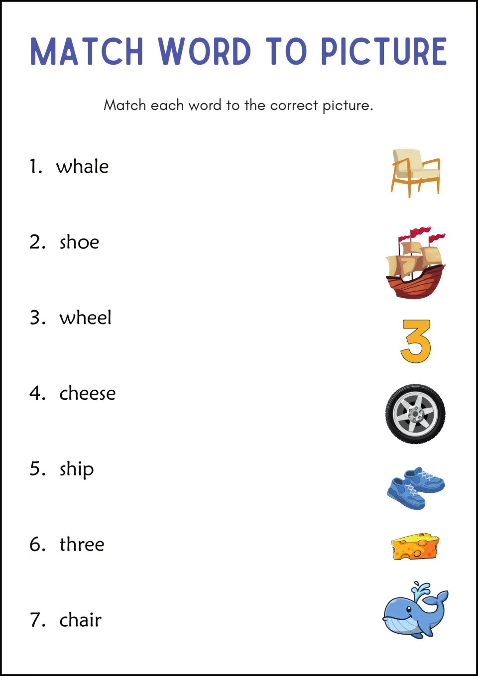 Match Word to Picture: students match 7 digraph words such as whale, shoe and wheel to pictures like a ship and cheese