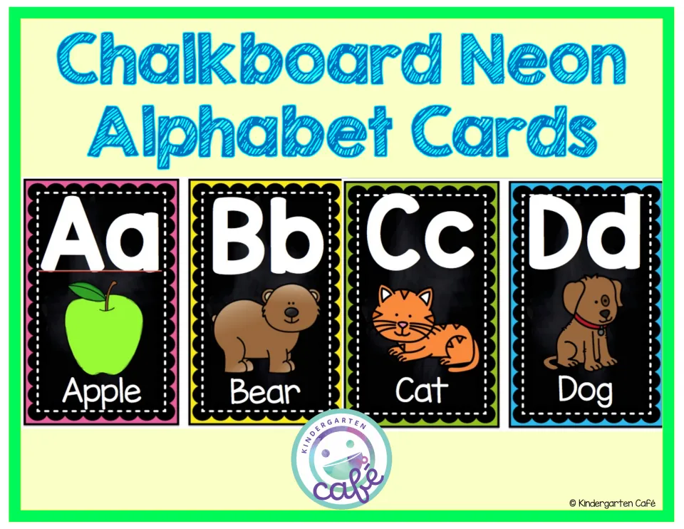 Cover of Chalkboard Neon Alphabet Cards showing sample Aa Apple, Bb Bear, Cc Cat, and Dd Dog cards
