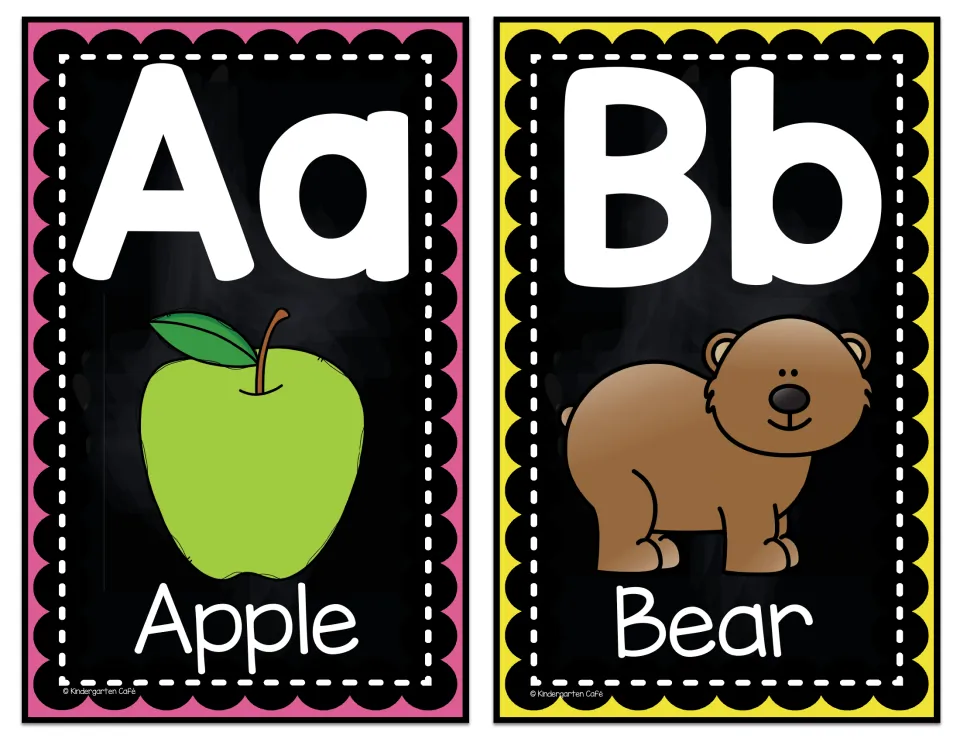 Alphabet display cards Aa and Bb, pairing uppercase and lowercase letters with apple and bear pictures and words