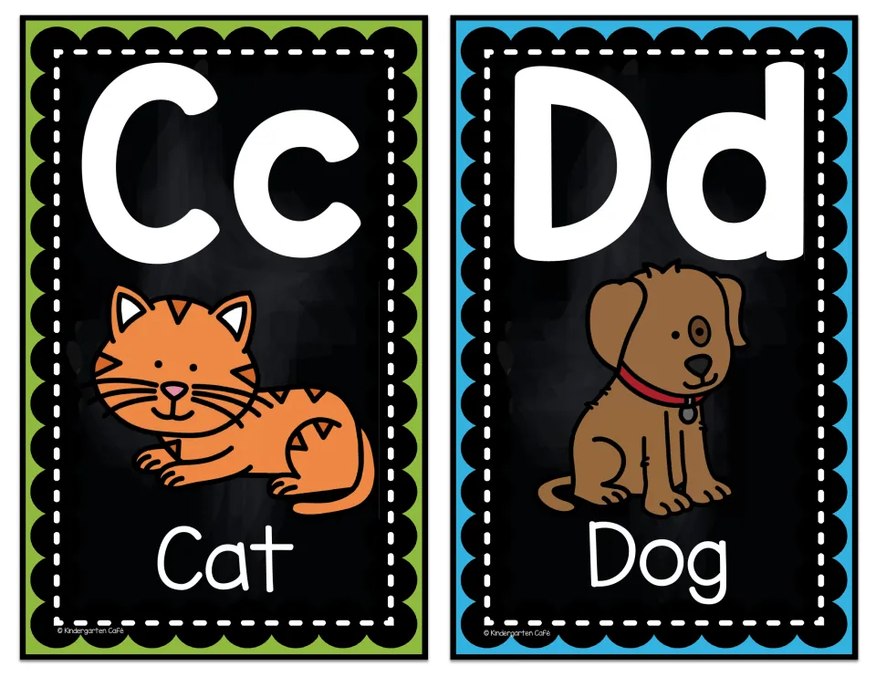 Alphabet display cards Cc and Dd, pairing uppercase and lowercase letters with cat and dog pictures and words