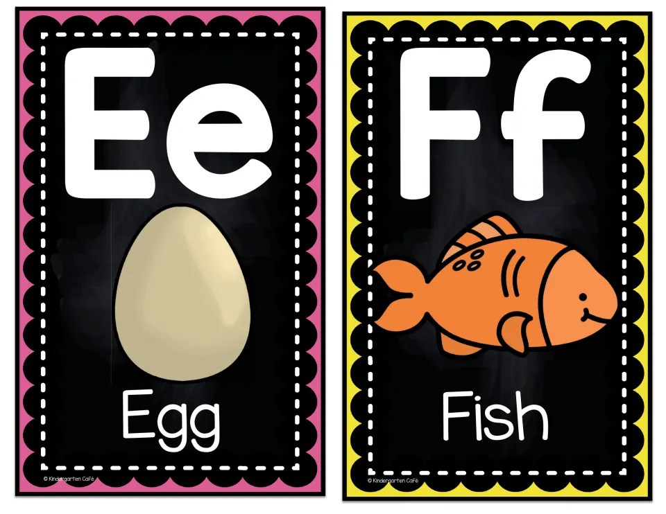 Alphabet display cards Ee and Ff, pairing uppercase and lowercase letters with egg and fish pictures and words
