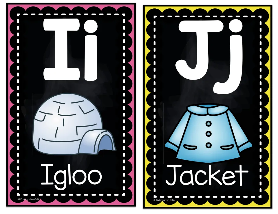 Alphabet display cards Ii and Jj, pairing uppercase and lowercase letters with igloo and jacket pictures and words