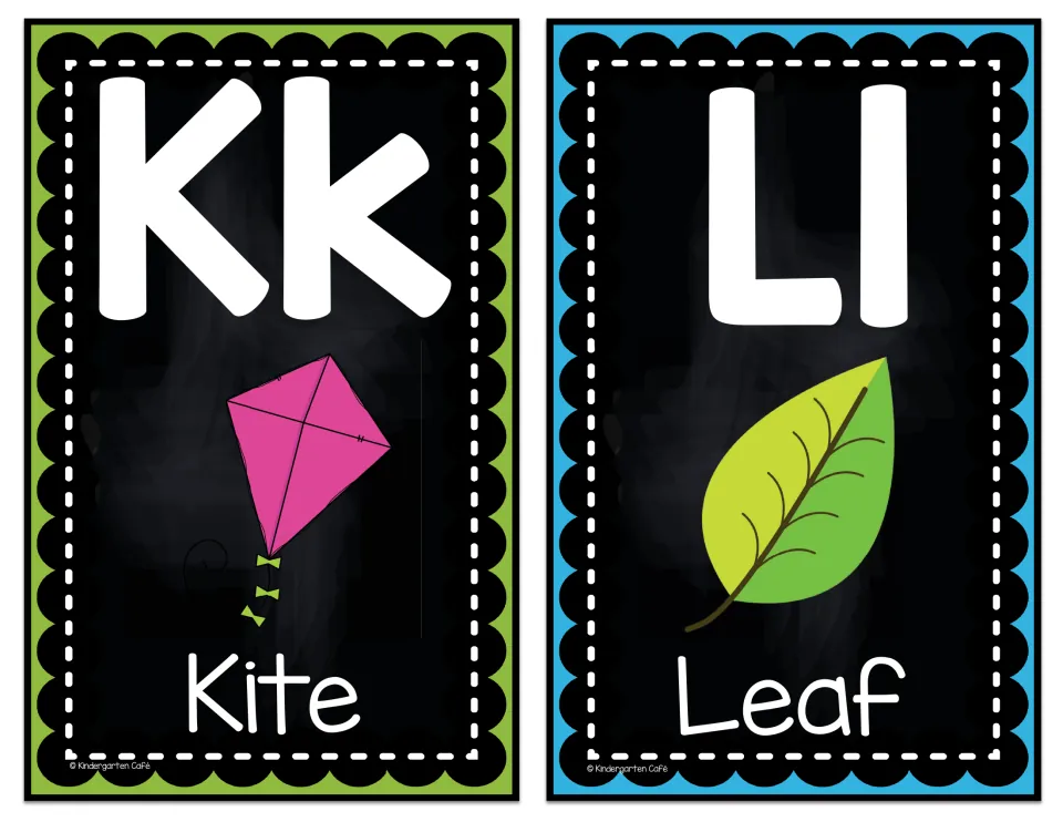 Alphabet display cards Kk and Ll, pairing uppercase and lowercase letters with kite and leaf pictures and words