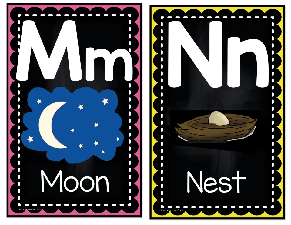 Alphabet display cards Mm and Nn, pairing uppercase and lowercase letters with moon and nest pictures and words