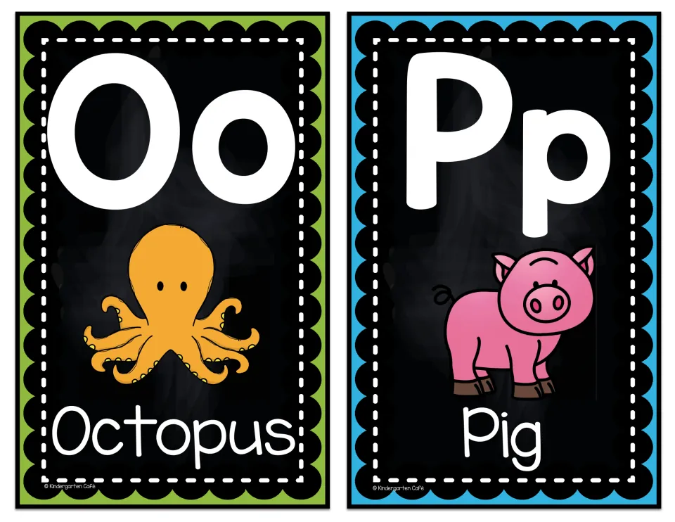 Alphabet display cards Oo and Pp, pairing uppercase and lowercase letters with octopus and pig pictures and words