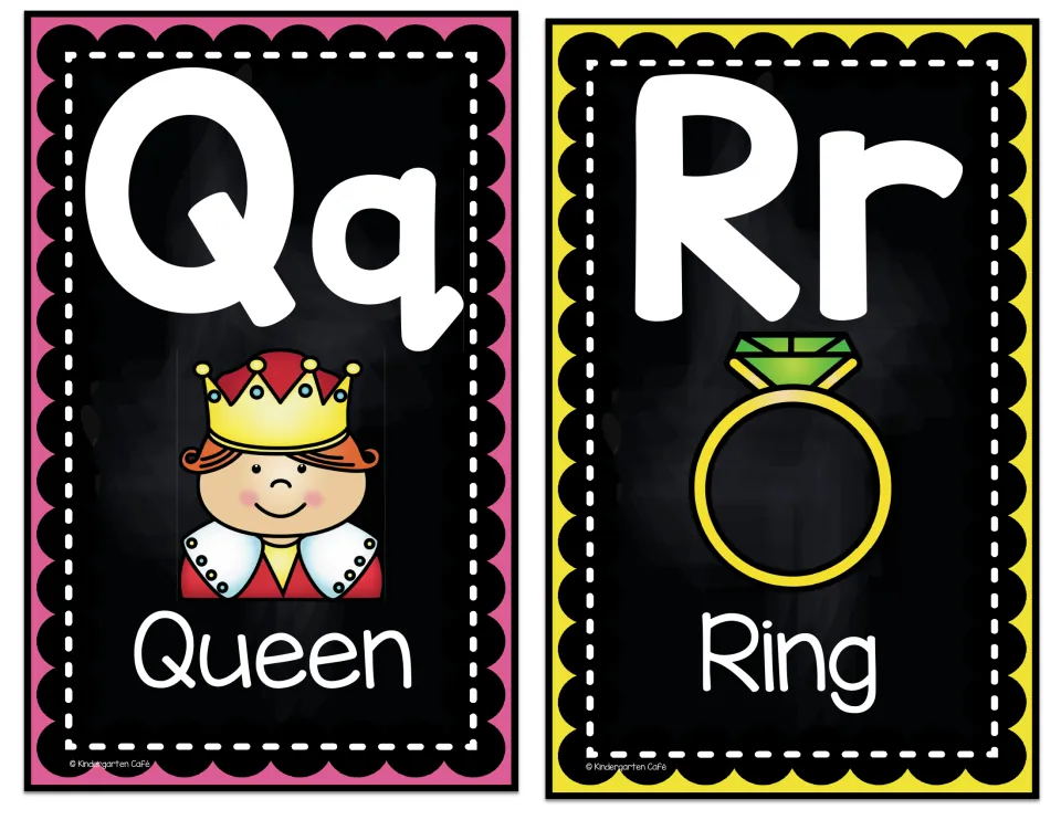 Alphabet display cards Qq and Rr, pairing uppercase and lowercase letters with queen and ring pictures and words