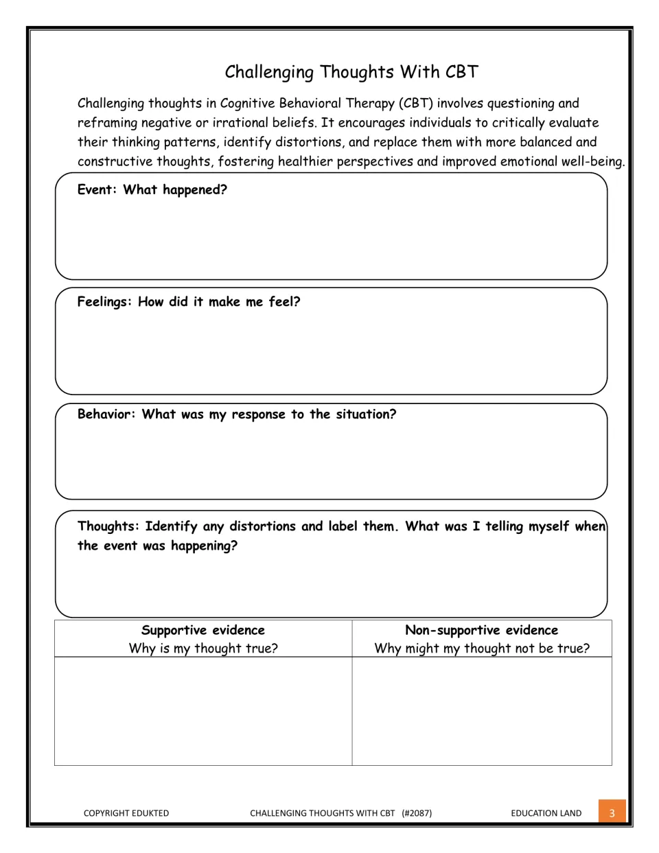 CBT thought record: learners note an event, feelings and behavior, label distortions, then list evidence for and against