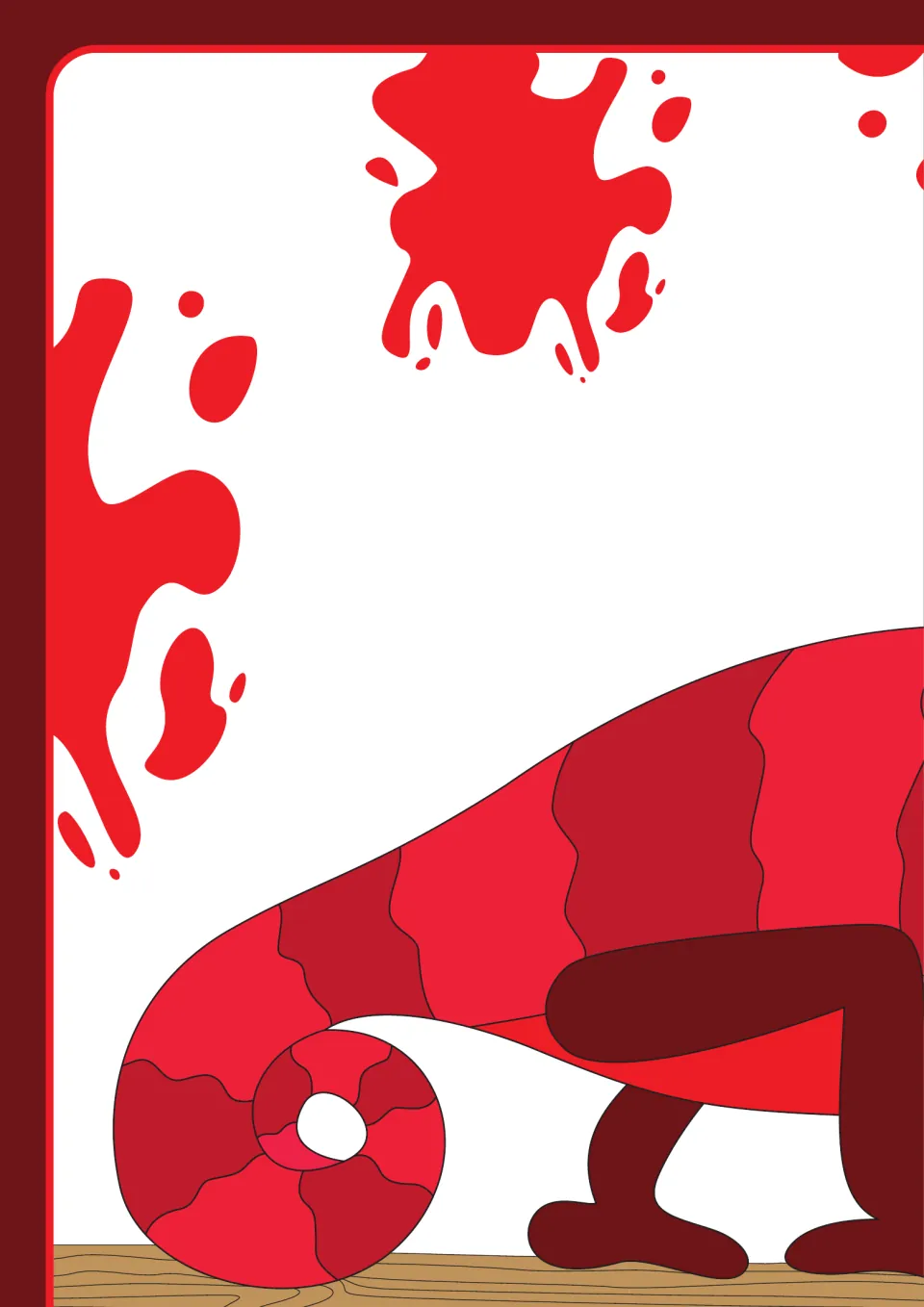 Upper-left section of the red color poster, showing the chameleon's curled tail and rear body on a branch