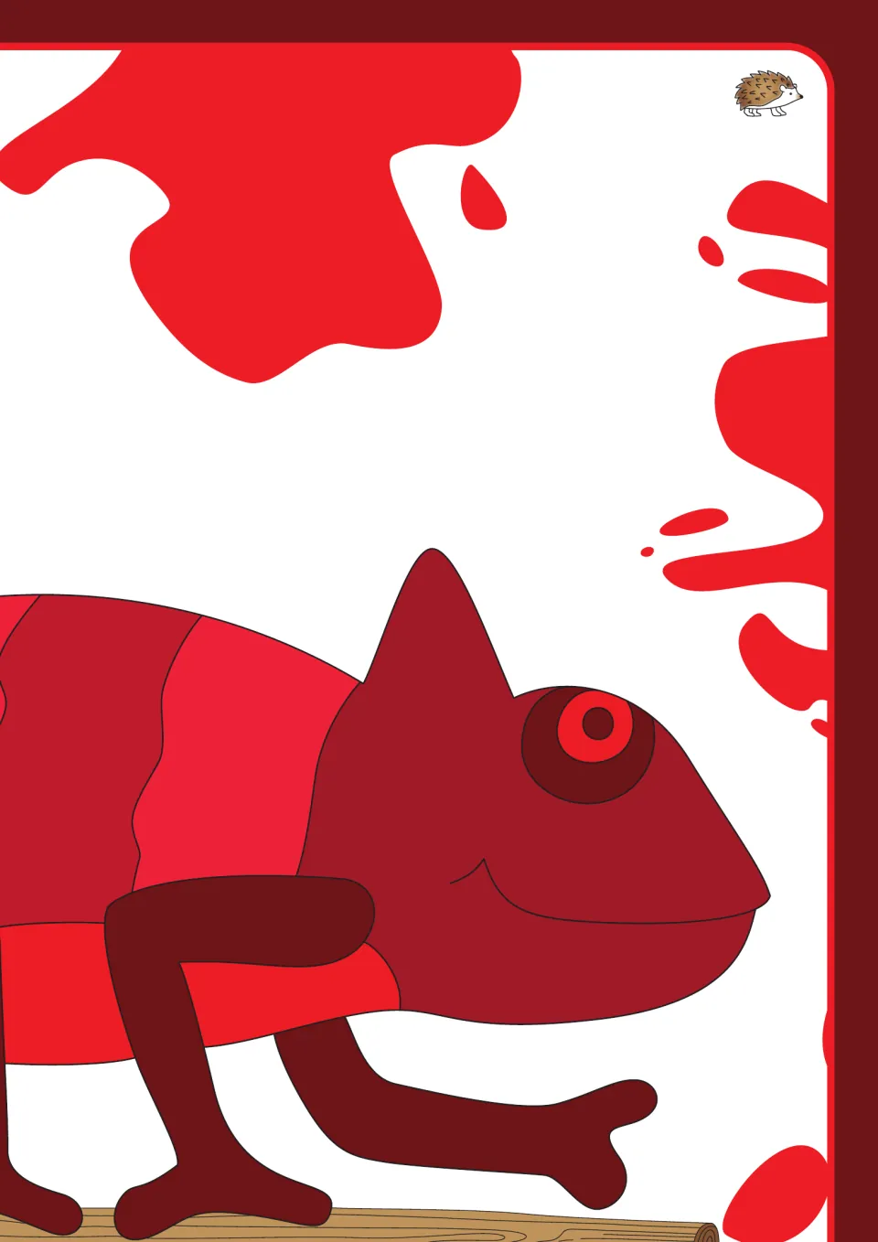 Upper-right section of the red color poster, showing the chameleon's head and front legs above a branch