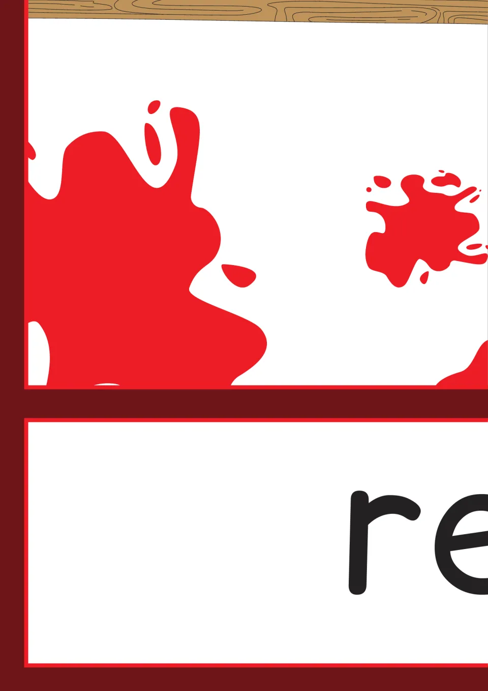 Lower-left section of the red color poster, showing the letters 're' as the first part of the color label