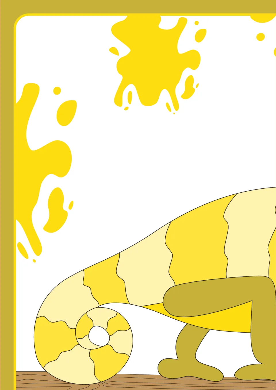 Upper-left section of the yellow color poster, showing the chameleon's curled tail and rear body on a branch