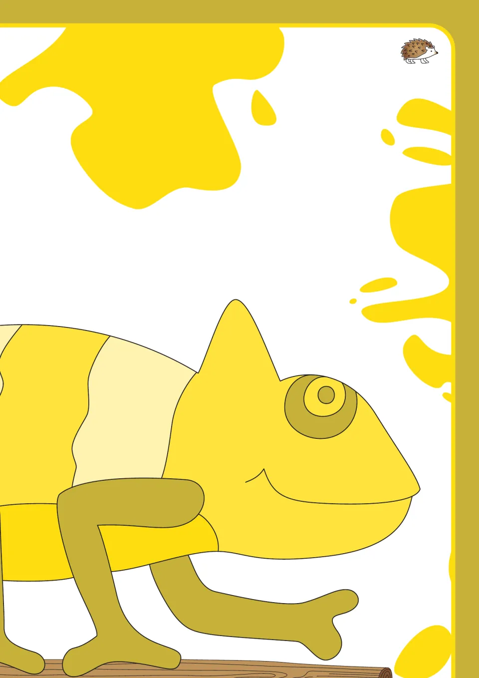 Upper-right section of the yellow color poster, showing the chameleon's head and front legs above a branch