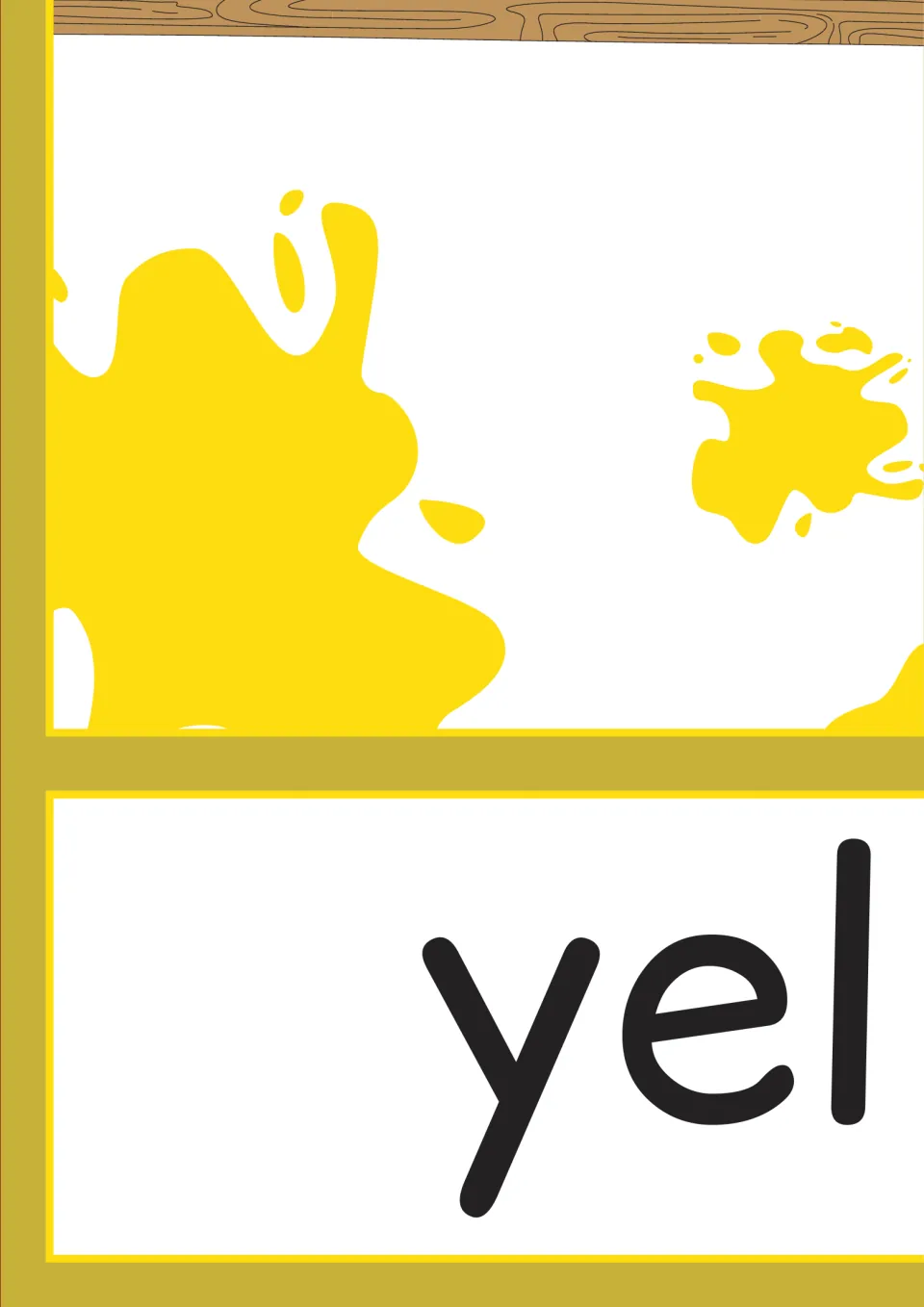 Lower-left section of the yellow color poster, showing 'yel' as the first part of the assembled color label
