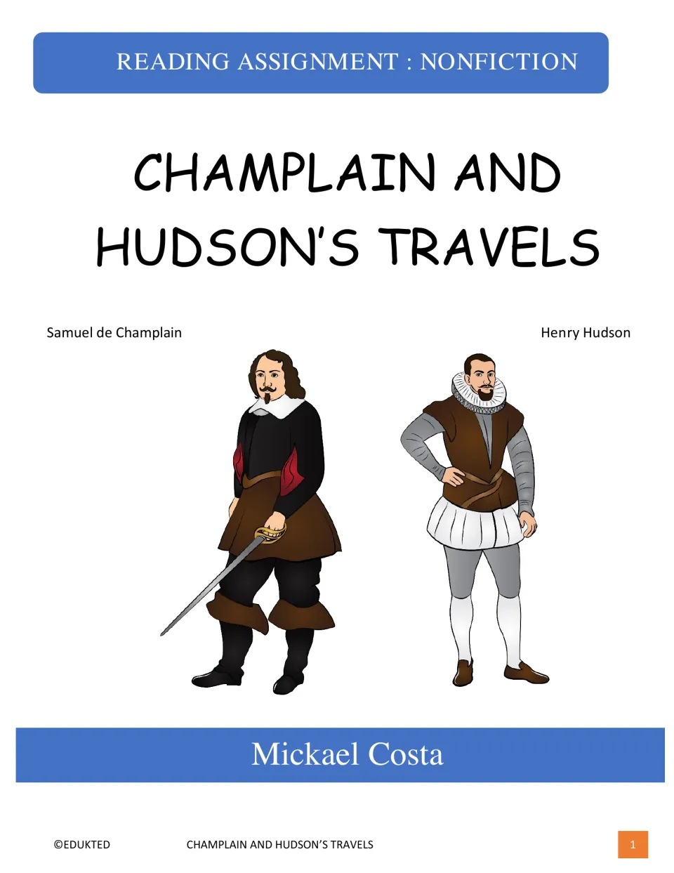 Reading packet cover titled 'Champlain and Hudson’s Travels,' naming and illustrating both explorers