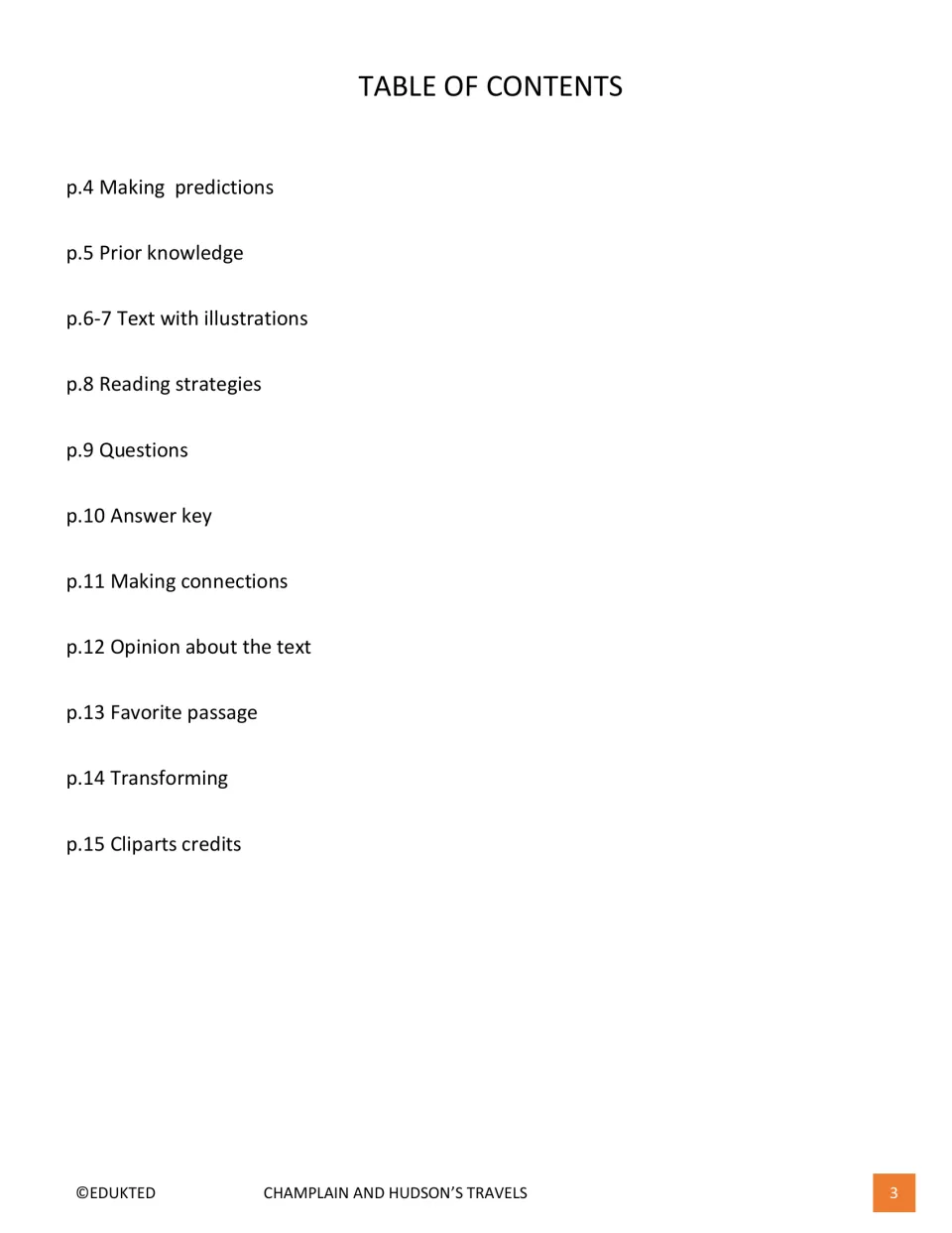 Reading packet contents list predictions, prior knowledge, illustrated text, questions, and response activities