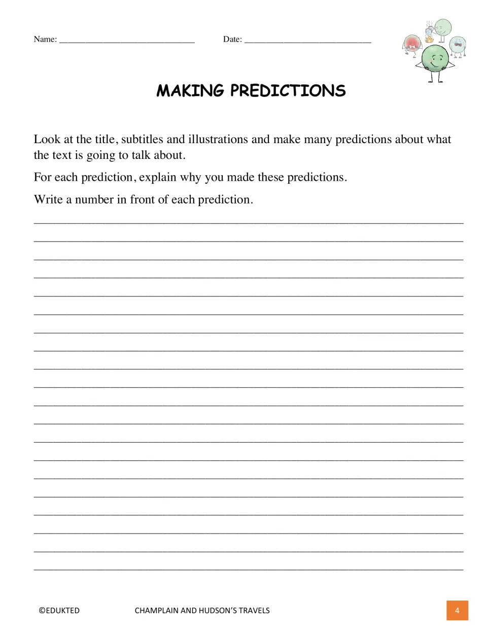 Prereading activity asks students to make numbered predictions using the title, subtitles, and illustrations