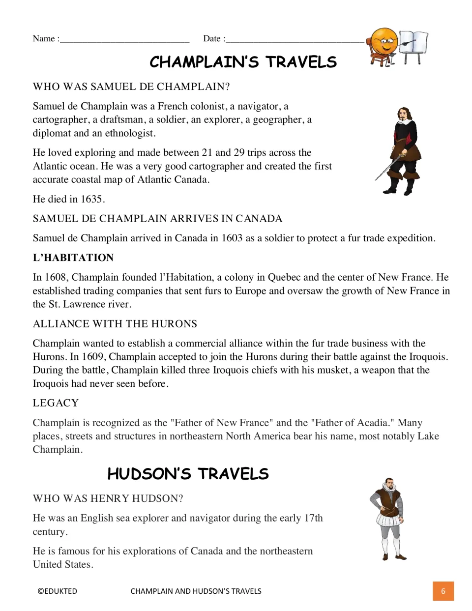 First passage page covers Champlain’s arrival, Quebec colony, Huron alliance, and legacy, then introduces Hudson