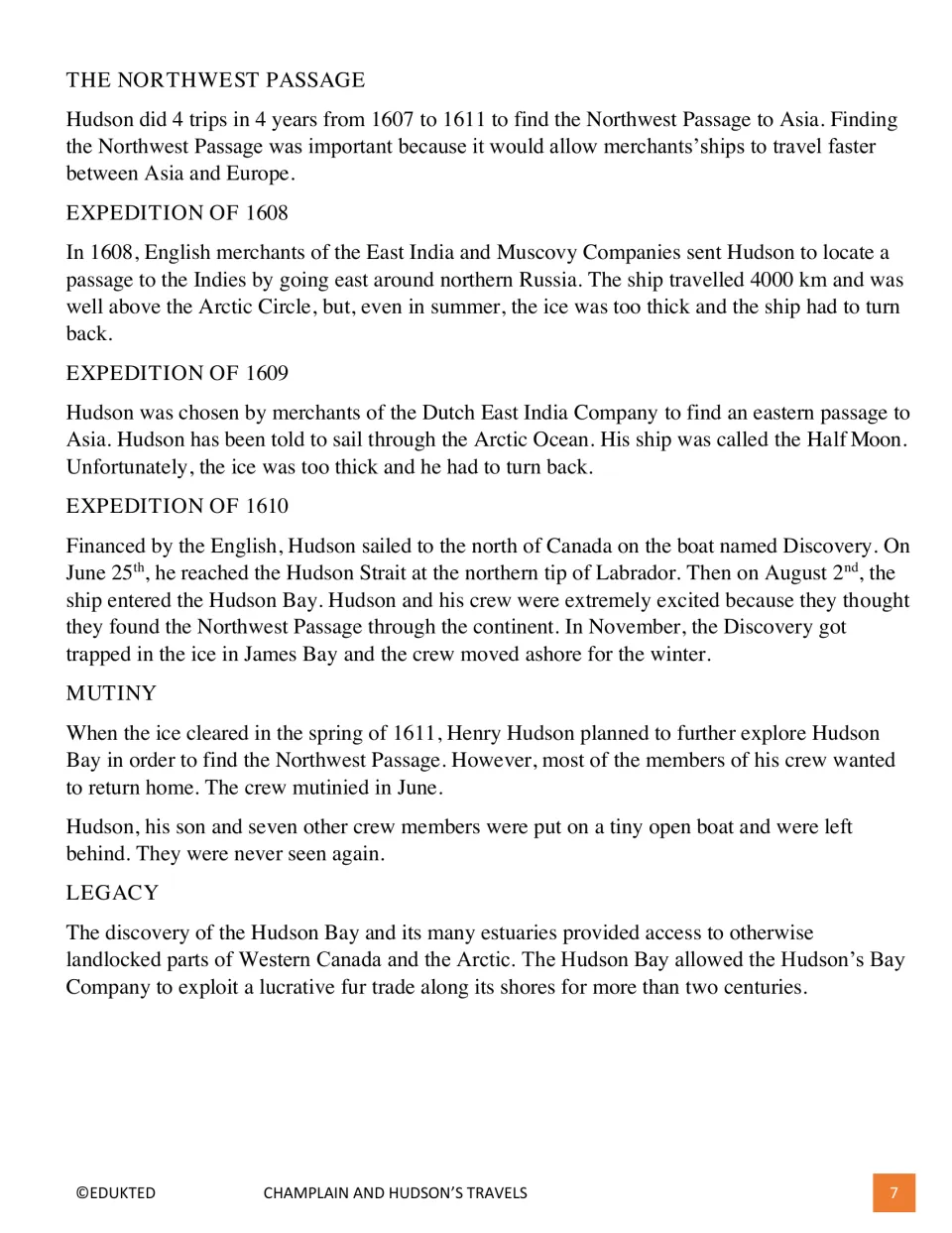 Second passage page covers Hudson’s search for the Northwest Passage, expeditions, mutiny, and fur trade legacy