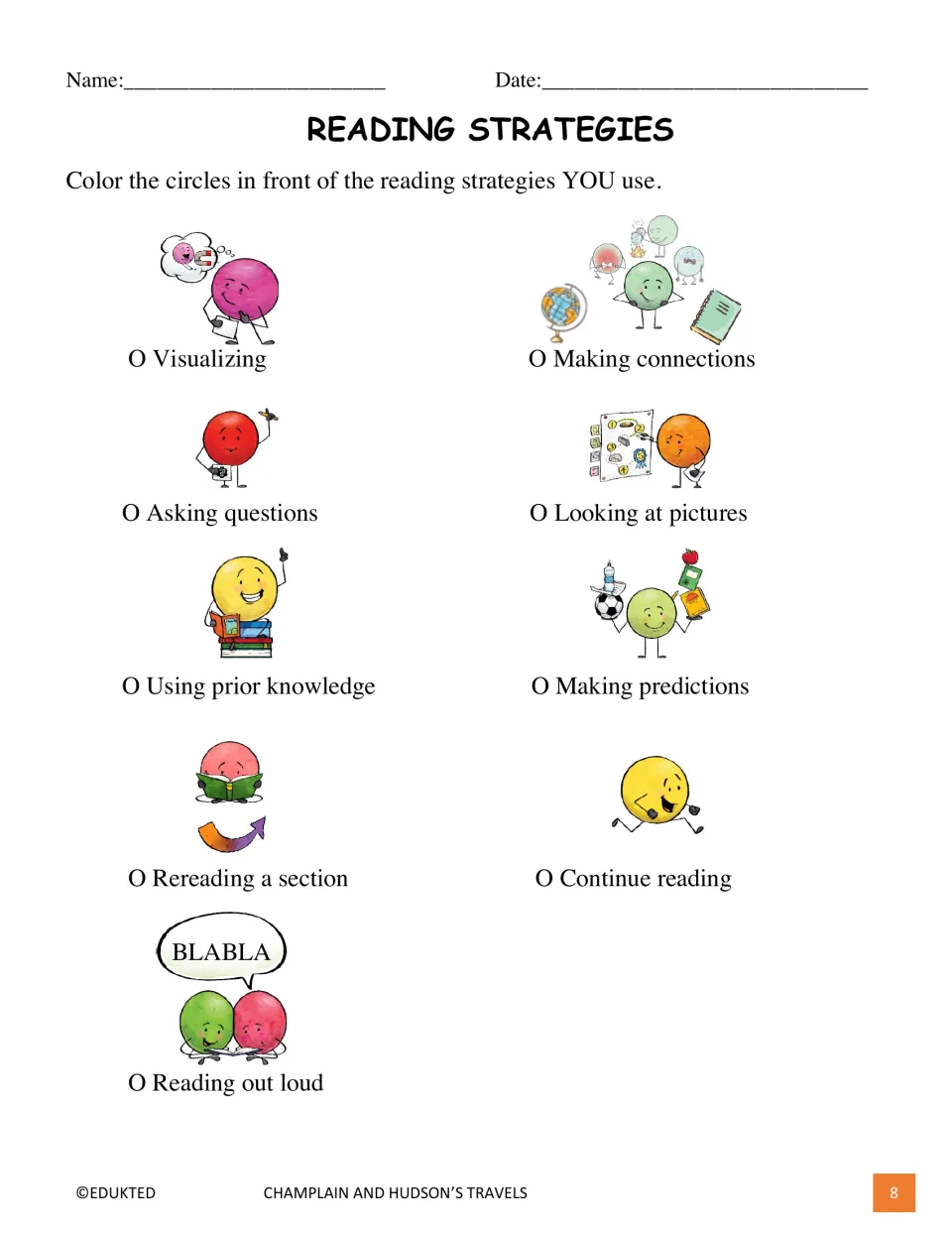 Reading strategies checklist asks students to mark which of nine strategies they use, including rereading