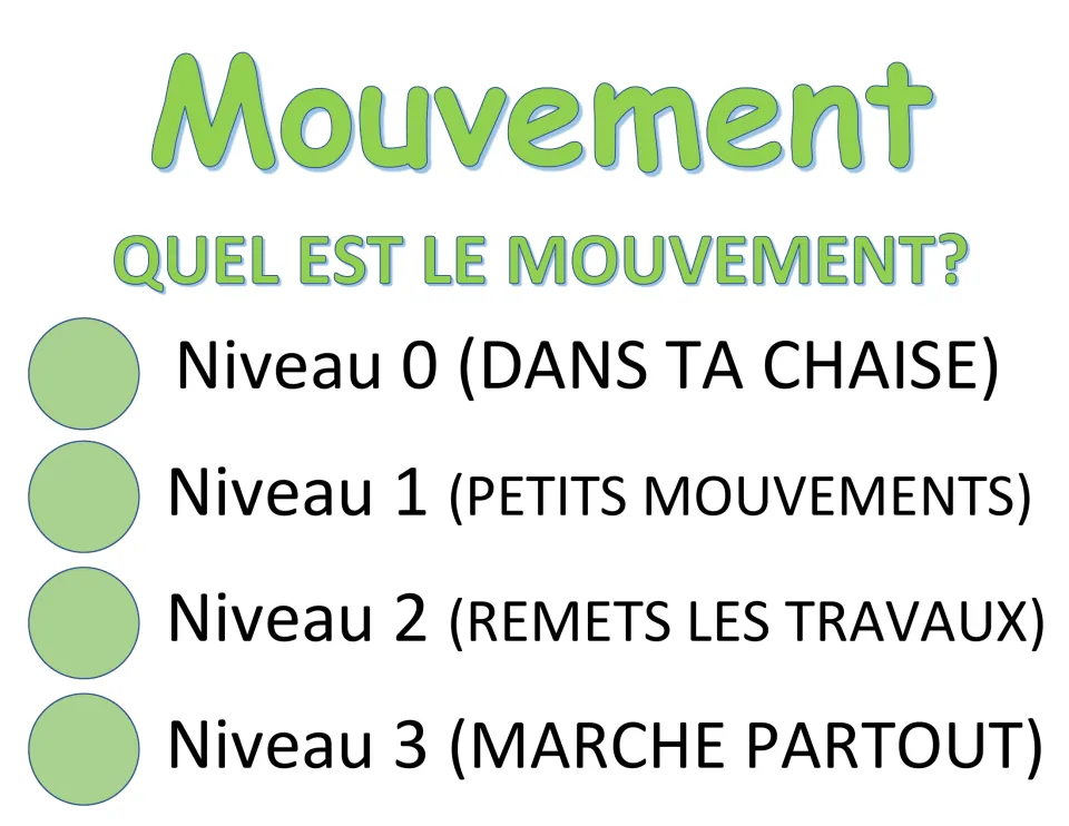 Mouvement poster in French: Quel est le mouvement? Stay seated, small moves, hand in work or walk anywhere, levels 0-3