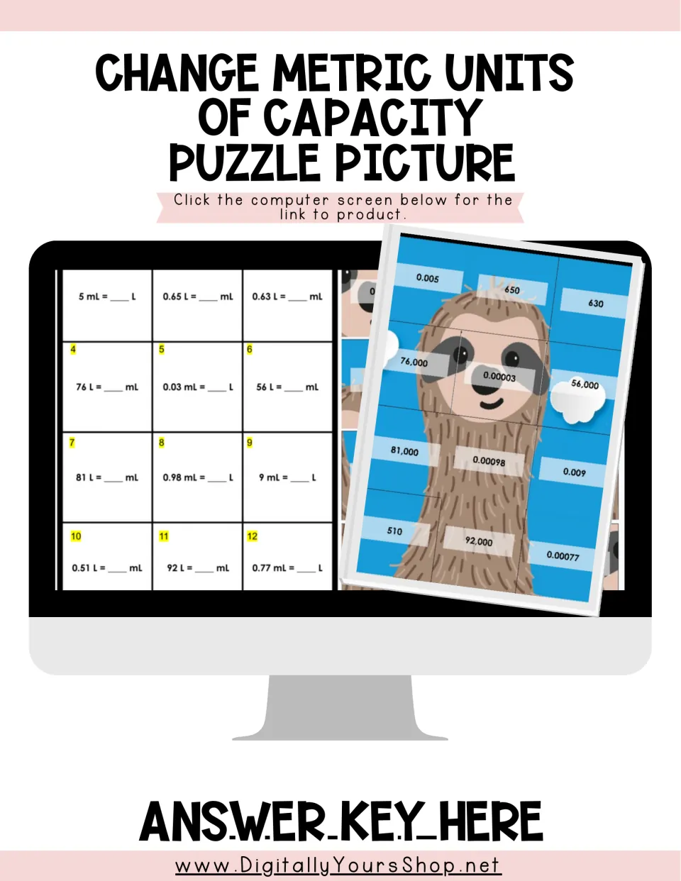 Change Metric Units of Capacity Puzzle Picture cover: L and mL conversion problems beside a sloth mystery picture
