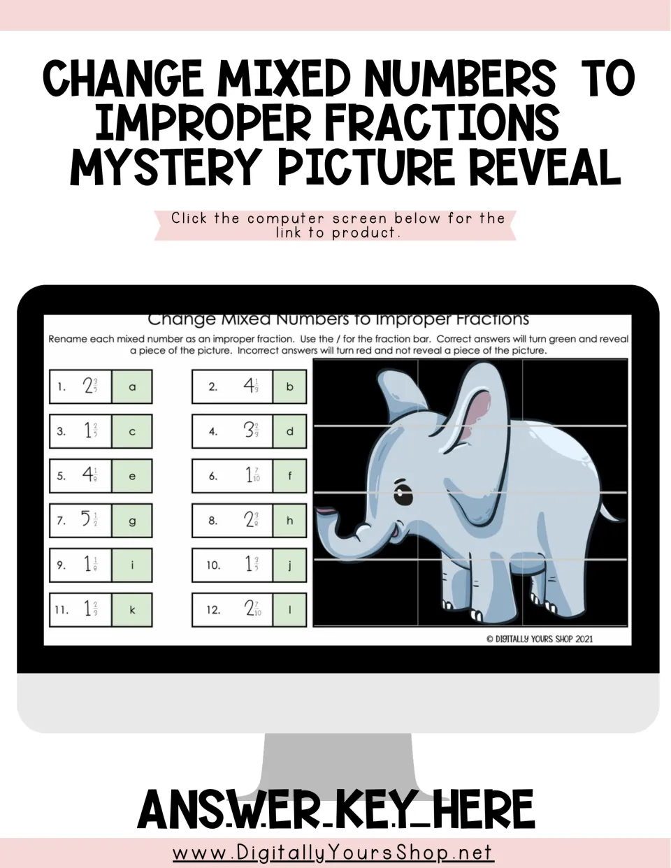Access page for the 12-problem mixed-number conversion activity, showing an elephant reveal and answer-key link.