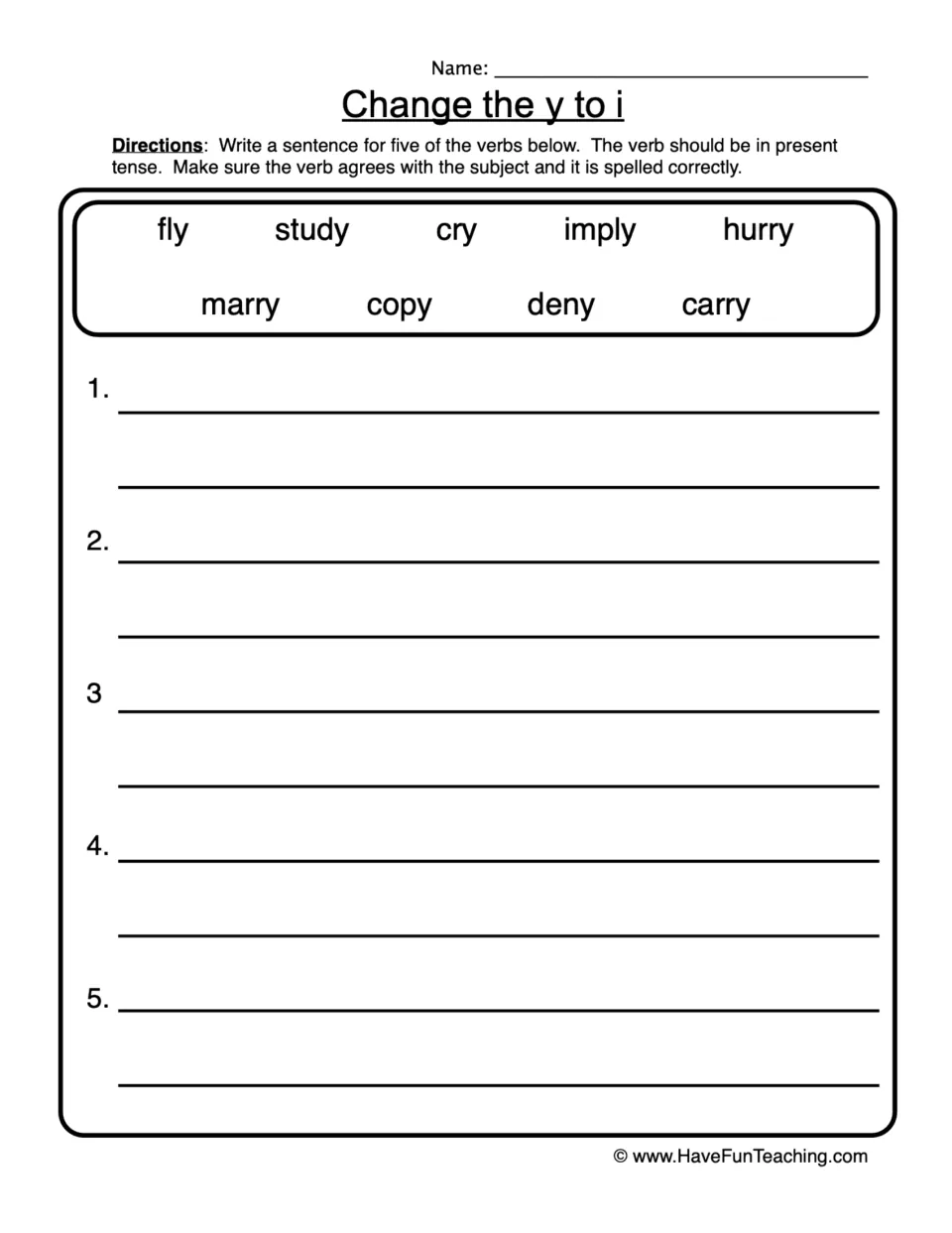 Sentence-writing practice: choose five of nine verbs, including fly, study, and cry, and use present tense.