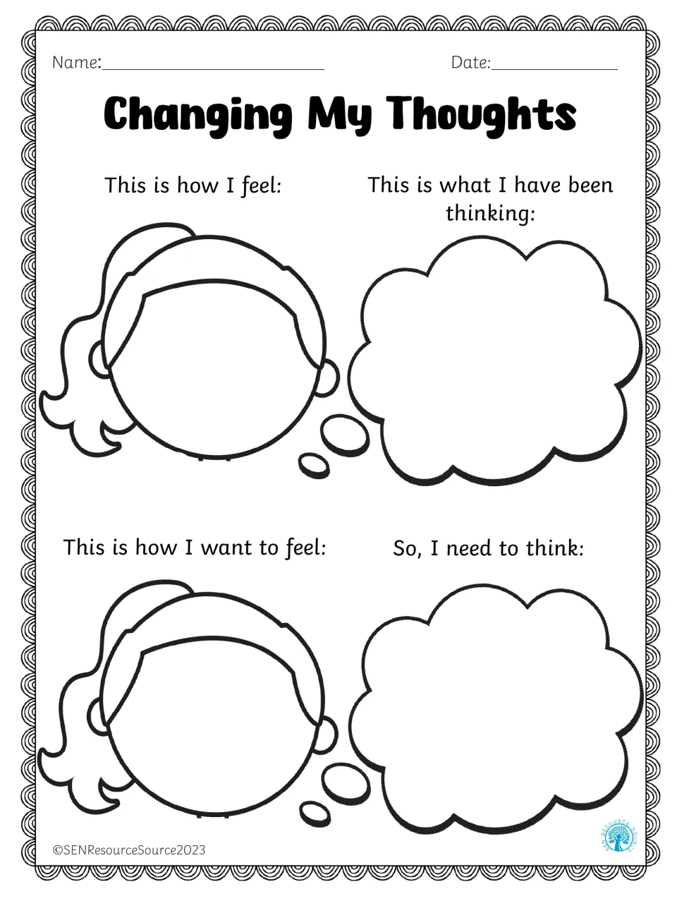 Changing My Thoughts: students draw how they feel and want to feel on girl faces, then write old and new thoughts