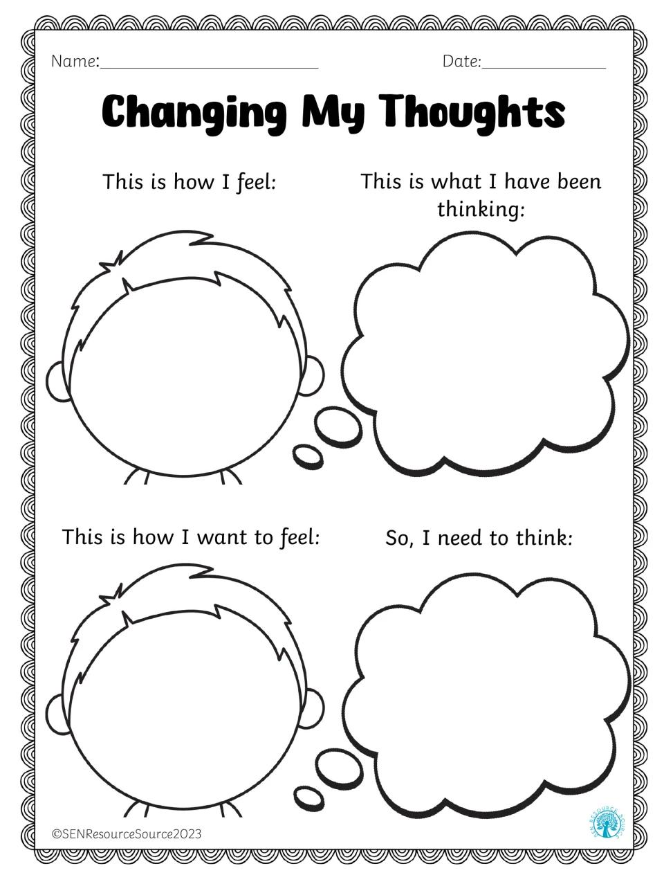 Thought reframing with a boy outline: students draw how they feel and want to feel, then write old and helpful thoughts