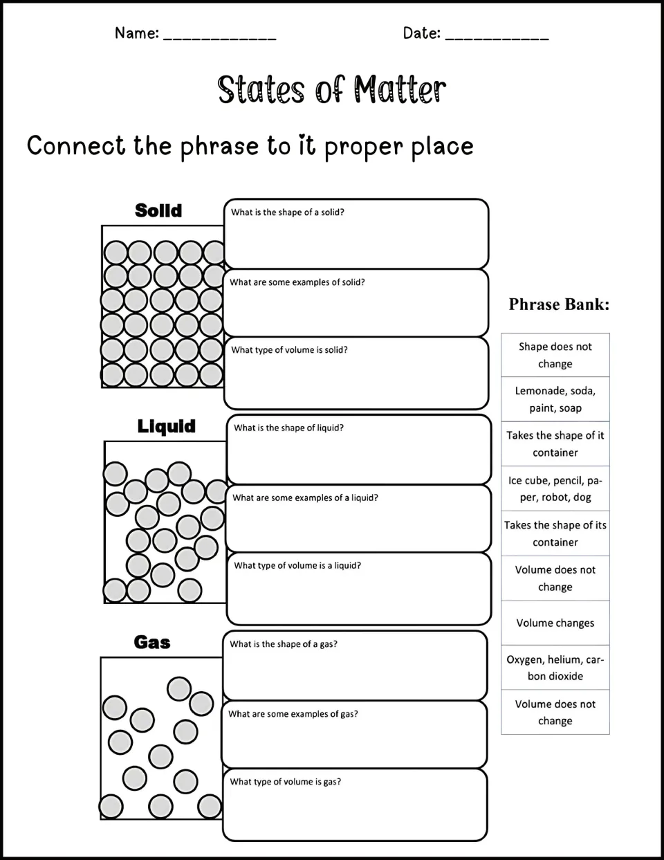 Properties of solids, liquids and gases: students match phrase bank answers to questions on shape, volume and examples