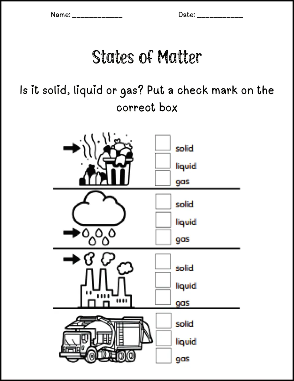 Classifying states of matter: students tick solid, liquid or gas for trash fumes, rain, factory smoke and a garbage truck