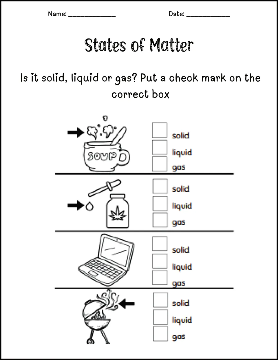 Sorting matter by state: students mark solid, liquid or gas for soup steam, a dropper drop, a laptop and grill smoke