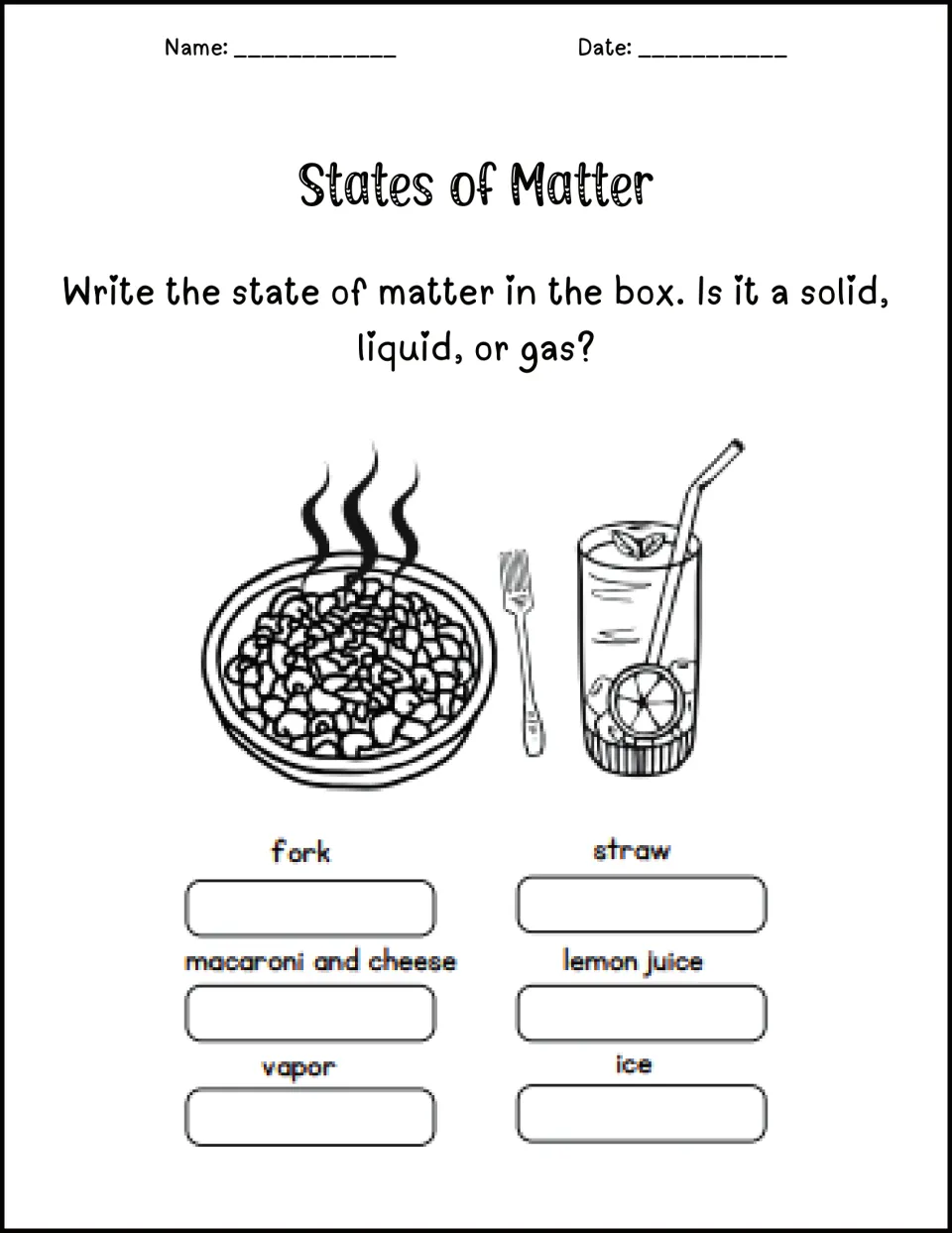 States of matter in a meal: students write solid, liquid or gas for fork, straw, macaroni, lemon juice, vapor and ice