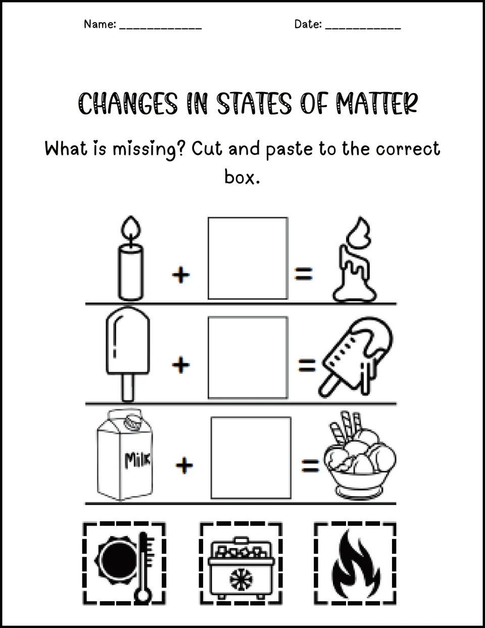 Changes in states of matter: students cut and paste heat, cooler or fire to melt a candle and ice pop or freeze milk